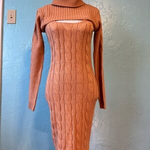 And Now This Cable Knit Turtleneck Sweater Dress - Tan